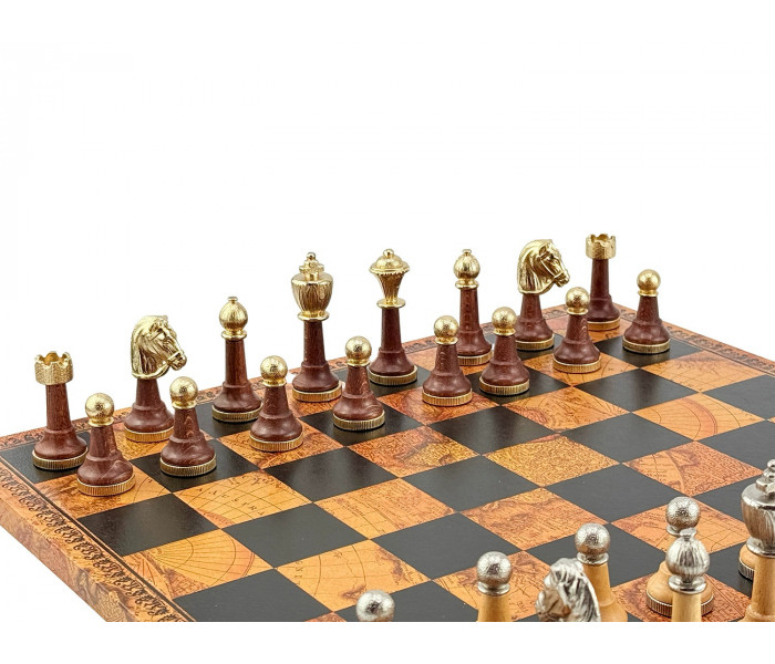Элитный шахматный набор "Classico" 40 x 40 см кожаная доска «Античная карта» и позолоченные и посеребренные фигуры. Italfama (141G+202MAP)