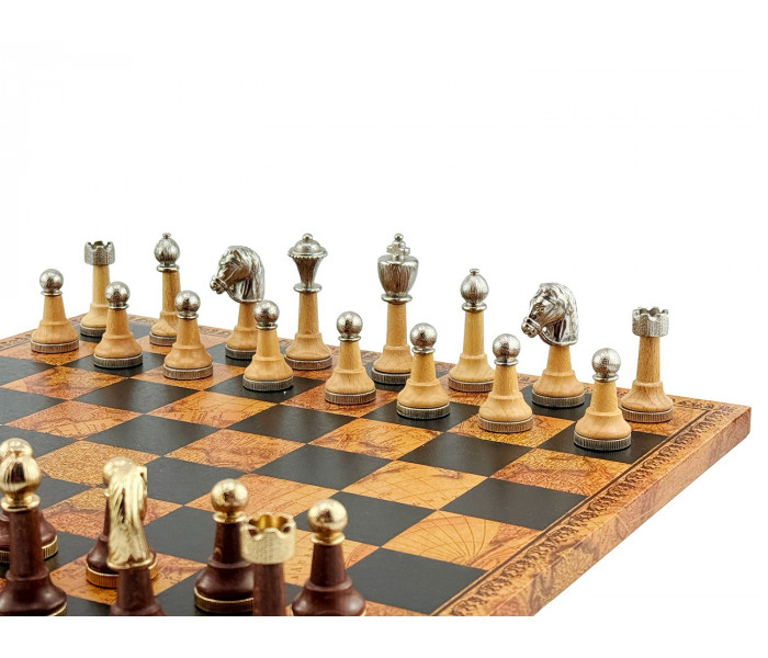 Элитный шахматный набор "Classico" 40 x 40 см кожаная доска «Античная карта» и позолоченные и посеребренные фигуры. Italfama (141G+202MAP)