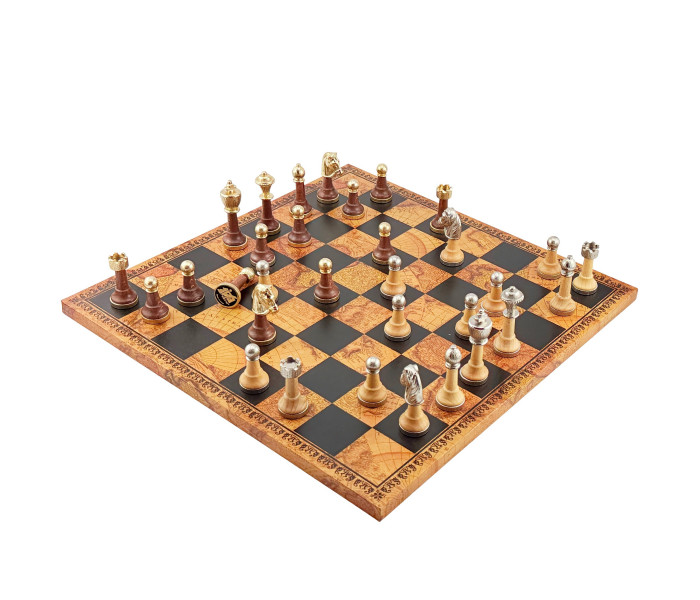 Элитный шахматный набор "Classico" 40 x 40 см кожаная доска «Античная карта» и позолоченные и посеребренные фигуры. Italfama (141G+202MAP)