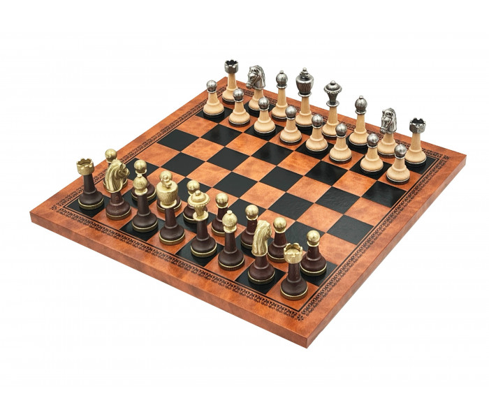 Элитный шахматный набор "Staunton" 33 x 33 см фигуры из дерева и металла и кожаной доски. Italfama (141MW+215)