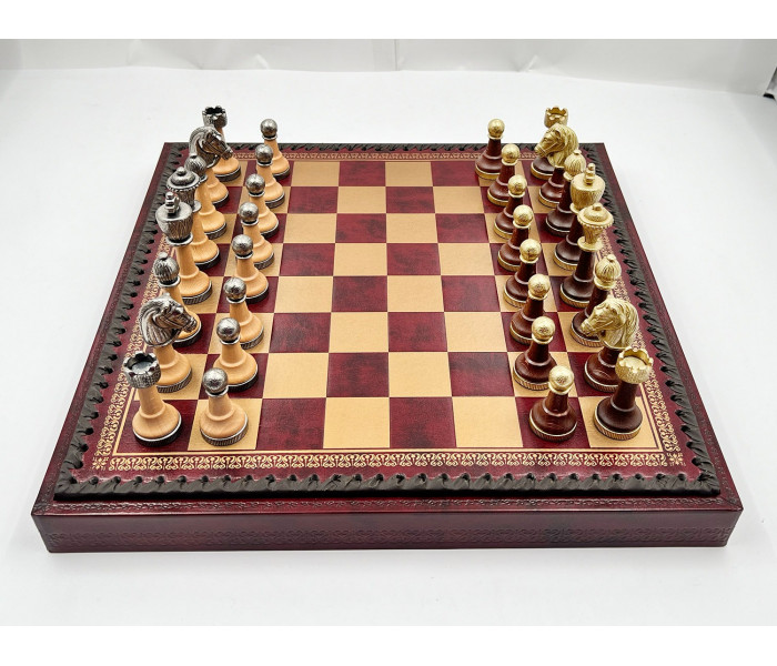 Элитный игровой набор "Staunton" 3-в-1 35 x 35 см фигуры из дерева и металла и красно-золотистая кожаная доска. Italfama (141MW+219GR)