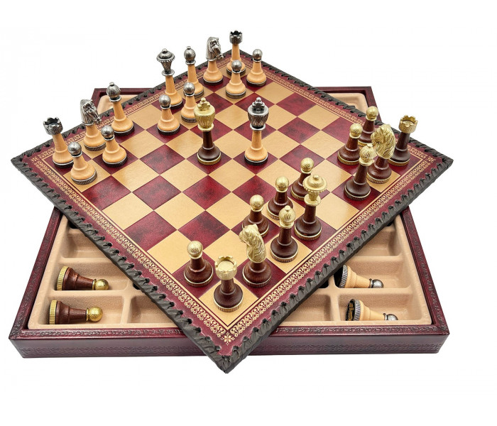 Элитный игровой набор "Staunton" 3-в-1 35 x 35 см фигуры из дерева и металла и красно-золотистая кожаная доска. Italfama (141MW+219GR)