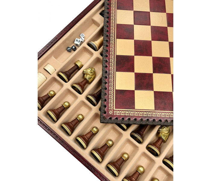 Элитный игровой набор "Staunton" 3-в-1 35 x 35 см фигуры из дерева и металла и красно-золотистая кожаная доска. Italfama (141MW+219GR)