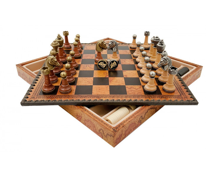 Элитный игровой набор "Staunton" 3-в-1 35 x 35 см фигуры из дерева и металла и кожаная доска «Античная карта». Italfama (141MW+219MAP)