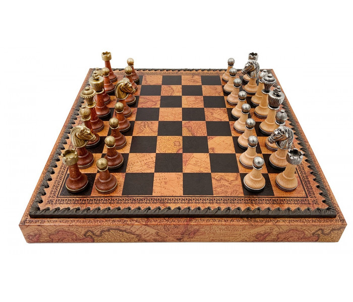 Элитный игровой набор "Staunton" 3-в-1 35 x 35 см фигуры из дерева и металла и кожаная доска «Античная карта». Italfama (141MW+219MAP)