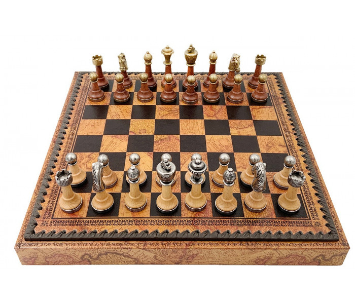 Элитный игровой набор "Staunton" 3-в-1 35 x 35 см фигуры из дерева и металла и кожаная доска «Античная карта». Italfama (141MW+219MAP)