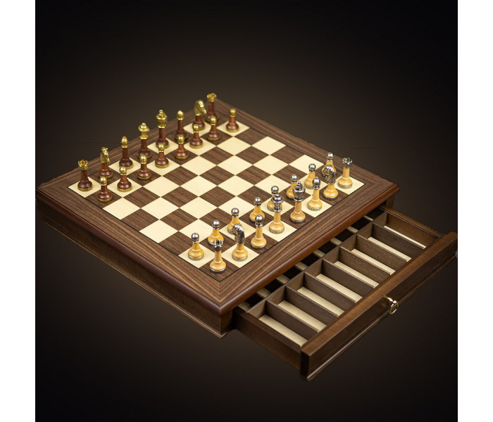 Элитный шахматный набор "Staunton" 43 x 43 см фигуры из дерева и металла и коричнево-бежевая деревянная доска. Italfama (141MW+397W)