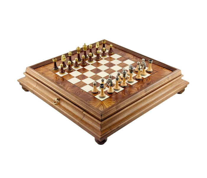 Элитный шахматный набор "Staunton" 53 x 53 см фигуры из дерева и металла и коричнево-бежевая деревянная доска-столик. Italfama (141MW+434R)