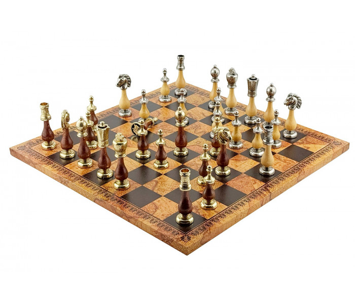 Элитный шахматный набор Staunton 45 x 45 см фигуры из дерева и металла и кожаная доска «Античная карта». Italfama (142MW+203MAP)
