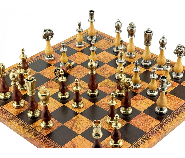Элитный шахматный набор Staunton 45 x 45 см фигуры из дерева и металла и кожаная доска «Античная карта». Italfama (142MW+203MAP)