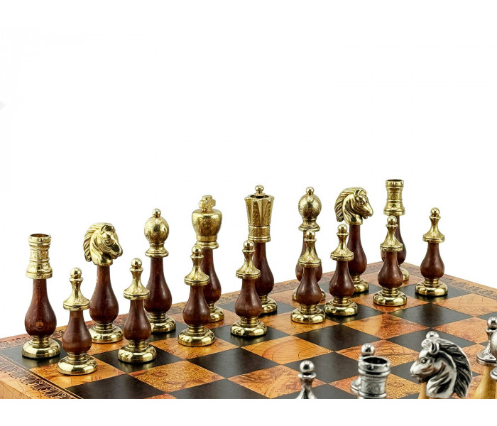 Элитный шахматный набор Staunton 45 x 45 см фигуры из дерева и металла и кожаная доска «Античная карта». Italfama (142MW+203MAP)