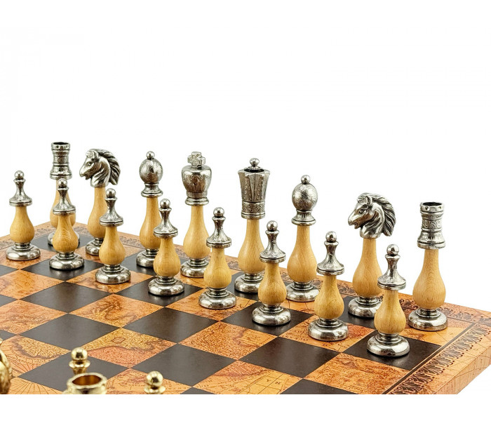 Элитный шахматный набор Staunton 45 x 45 см фигуры из дерева и металла и кожаная доска «Античная карта». Italfama (142MW+203MAP)