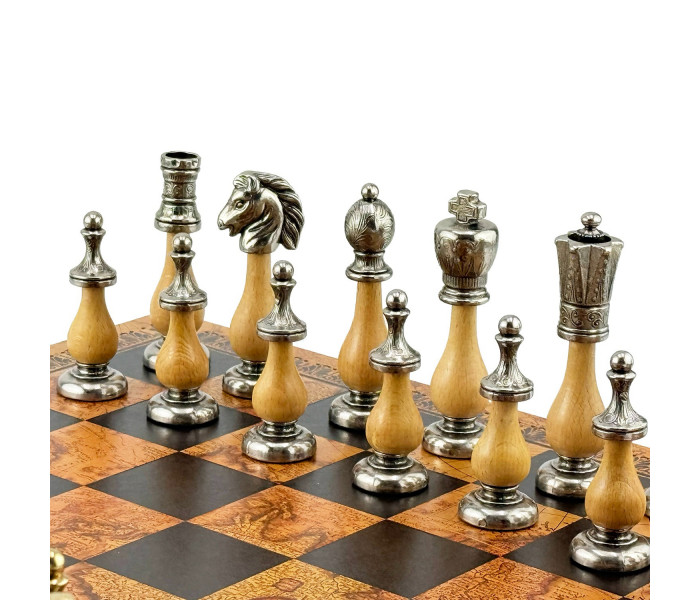 Элитный шахматный набор Staunton 45 x 45 см фигуры из дерева и металла и кожаная доска «Античная карта». Italfama (142MW+203MAP)