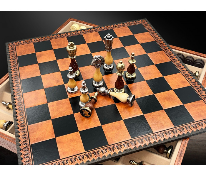 Элитный игровой набор "Staunton" 3-в-1 48 x 48 см фигуры из дерева и металла и кожевенно-деревянная доска. Italfama (142MW+212L)