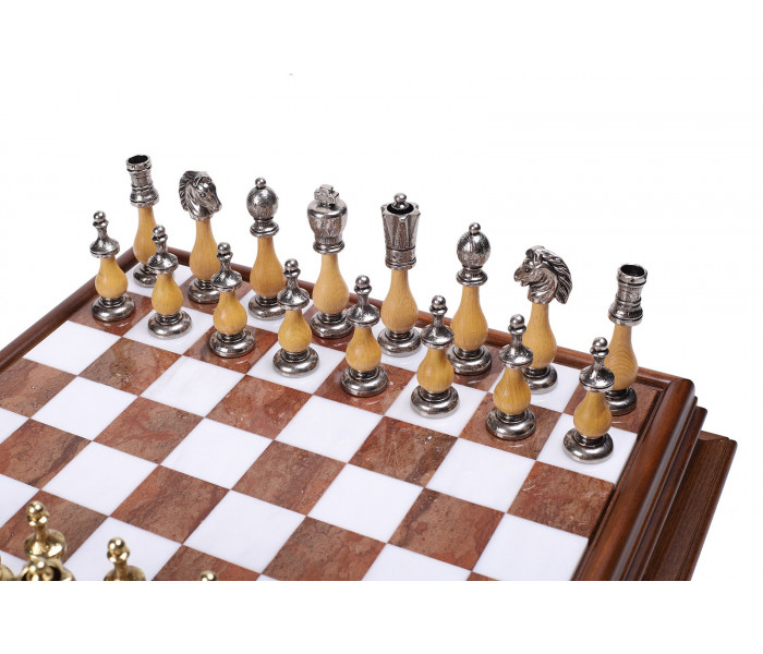 Элитный шахматный набор "Staunton" 47 x 47 см фигуры из дерева и металла и мраморно-деревянная доска-столик. Italfama (142MW+419AW)