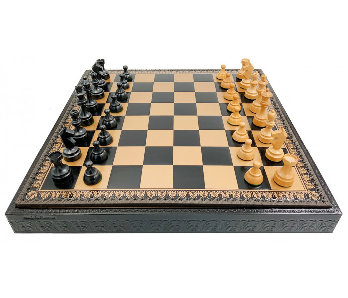Элитный игровой набор 3-в-1 48 x 48 см отягощенные деревянные фигуры и черно-золотой кожаной доске. Italfama (G1502N+222GN)