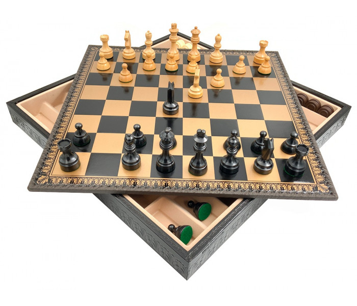 Элитный игровой набор 3-в-1 48 x 48 см отягощенные деревянные фигуры и черно-золотой кожаной доске. Italfama (G1502N+222GN)