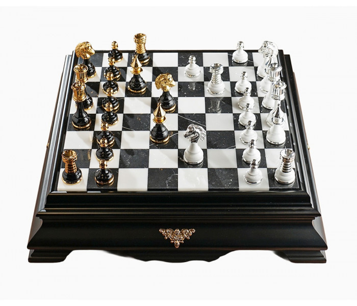 Элитный шахматный набор "Staunton" 47 x 47 см фигуры с позолотой 24К и серебром 925 пробы и мраморно-деревянная доска-столик с ящиком. Italfama (150GSBN+CUPP77N)