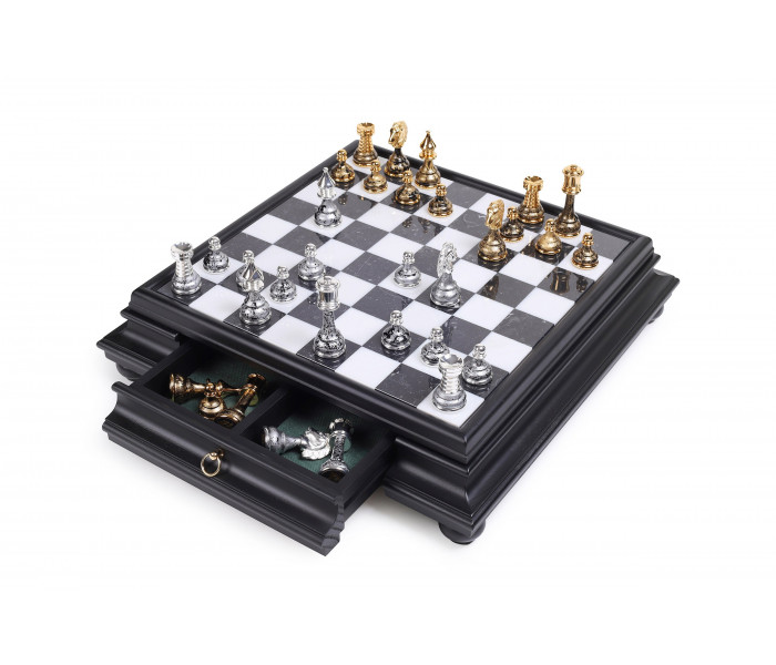 Элитный шахматный набор "Staunton" 47 x 47 см фигуры с позолотой 24К и серебром 925 пробы и мраморно-деревянная доска-столик с ящиком. Italfama (150GSF+419N)