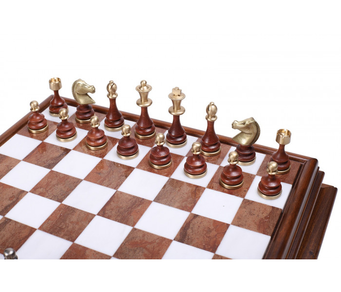 Элитный шахматный набор "Staunton" 47 x 47 см фигуры из дерева и латуни и мраморно-деревянная доска-столик. Italfama (152BW+419AW)
