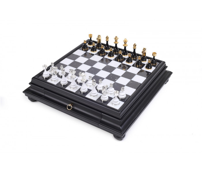 Элитный шахматный набор "Staunton" 47 x 47 см фигуры с позолотой 24К и серебром 925 пробы и мраморно-деревянная доска-столик с ящиком. Italfama (152GSBN+419N)
