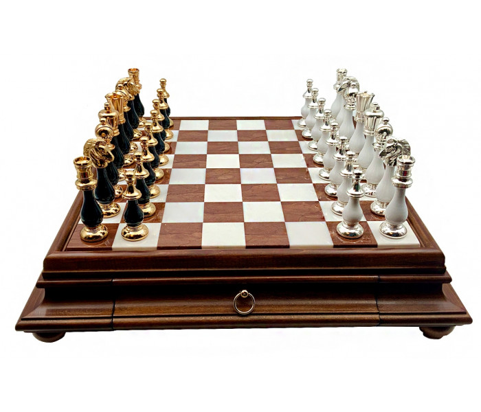 Элитный шахматный набор "Oriental Grande" 47 x 47 см фигуры с позолотой 24К и серебром и мраморно-деревянная доска-столик. Italfama (154GSBN+419AW)