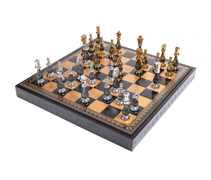 Элитный игровой набор 3-в-1 "Orientale Grande" 48 x 48 см фигуры с позолотой 24К и серебром 925 пробы, черно-золотая кожаная доска, шашки и нарды. Italfama (154GSF+222GN)