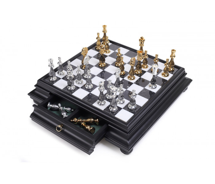Элитный набор "Orientale Grande" 47 x 47 см фигуры с позолотой 24К и серебром 925 пробы и мраморно-деревянная доска-столик с ящиком. Italfama (154GSF+419N)
