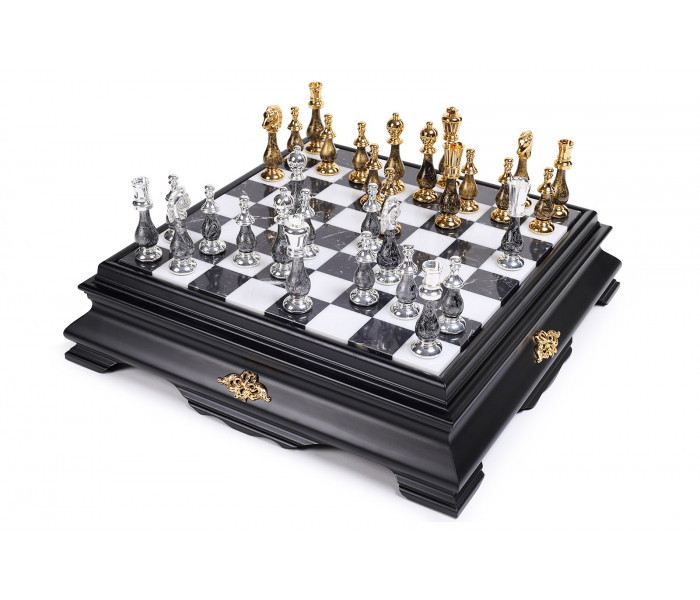 Элитный набор "Orientale Grande" 47 x 47 см фигуры с позолотой 24К и серебром 925 пробы и мраморно-деревянная доска-столик с ящиком. Italfama (154GSF+CUPP77N)
