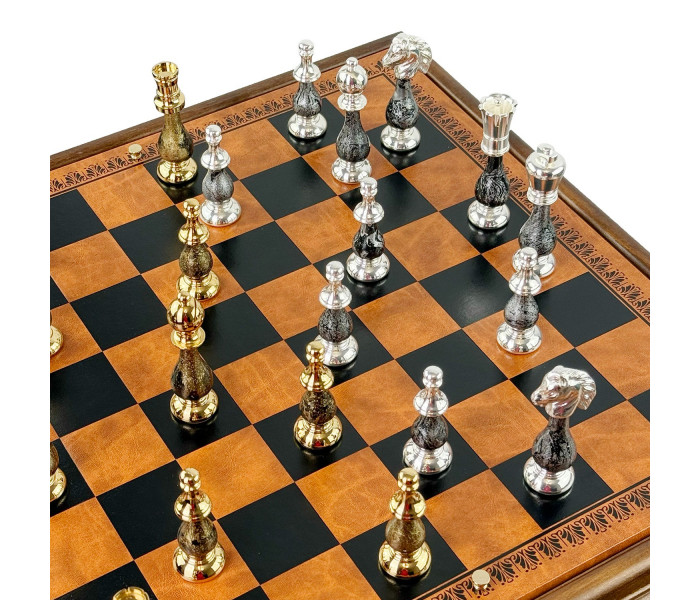 Элитный шахматный стол-ломберный "Orientale Grande" 55 x 55 см с ювелирными фигурами (золото 24K/серебро 925) и деревянными шашками. Italfama (154GSF+TAV217+312)