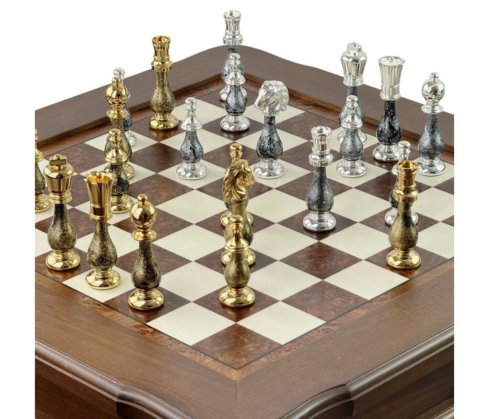 Элитный шахматный стол-ломберный "Orientale Grande" 58 x 58 см с ювелирными фигурами (золото 24K/серебро 925), шашками и нардами. Italfama (154GSF+TAV86BG)