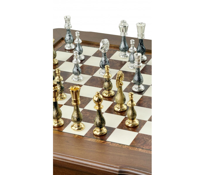 Элитный шахматный стол-ломберный "Orientale Grande" 58 x 58 см с ювелирными фигурами (золото 24K/серебро 925), шашками и нардами. Italfama (154GSF+TAV86BG)