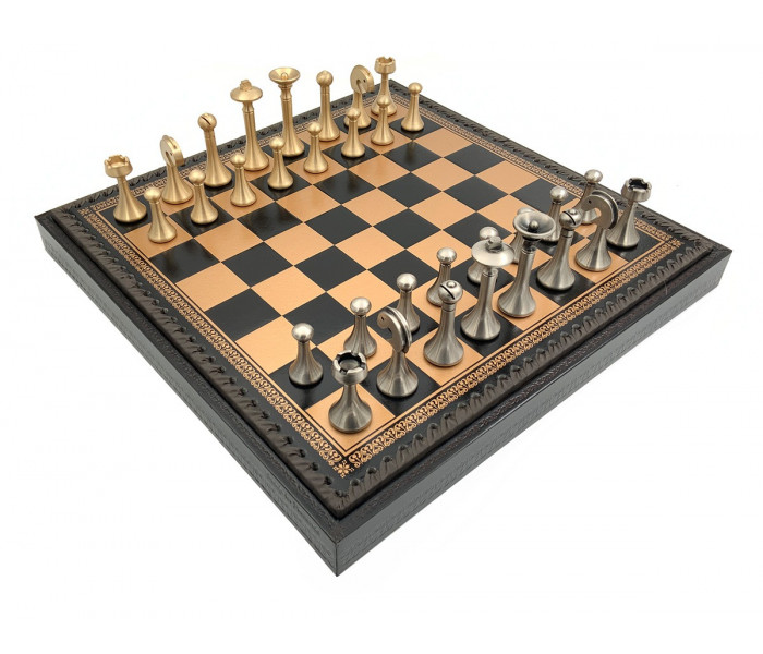 Элитный игровой набор 3-в-1 "Classic" 35 x 35 см металлические фигуры, черно-золотая кожаная доска, шашки и нарды. Italfama (15B+219GN)