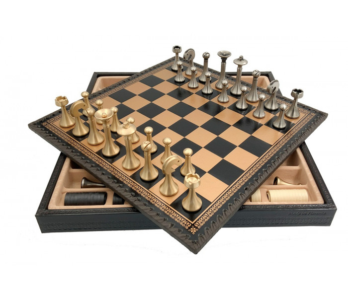 Элитный игровой набор 3-в-1 "Classic" 35 x 35 см металлические фигуры, черно-золотая кожаная доска, шашки и нарды. Italfama (15B+219GN)
