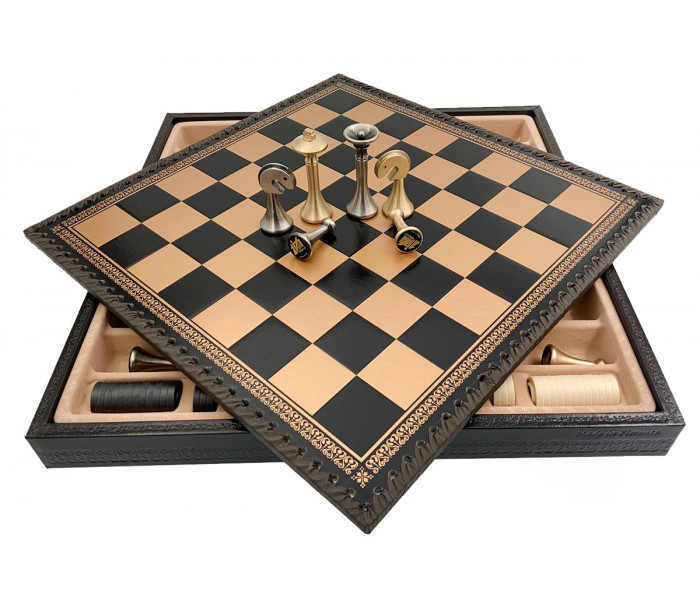 Элитный игровой набор 3-в-1 "Classic" 35 x 35 см металлические фигуры, черно-золотая кожаная доска, шашки и нарды. Italfama (15B+219GN)