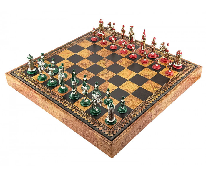 литный игровой набор 3-в-1 "Camelot Medio" 48 x 48 см тематические металлические фигуры, коричнево-черная кожаная доска, шашки и нарды. Italfama (19-50+222MAP)