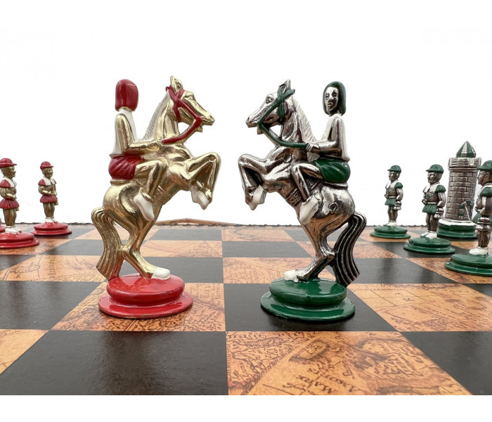 литный игровой набор 3-в-1 "Camelot Medio" 48 x 48 см тематические металлические фигуры, коричнево-черная кожаная доска, шашки и нарды. Italfama (19-50+222MAP)