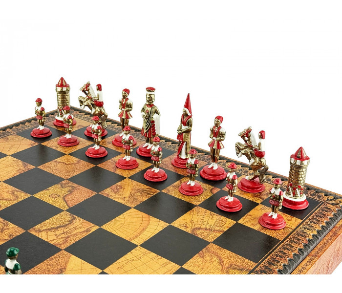 литный игровой набор 3-в-1 "Camelot Medio" 48 x 48 см тематические металлические фигуры, коричнево-черная кожаная доска, шашки и нарды. Italfama (19-50+222MAP)