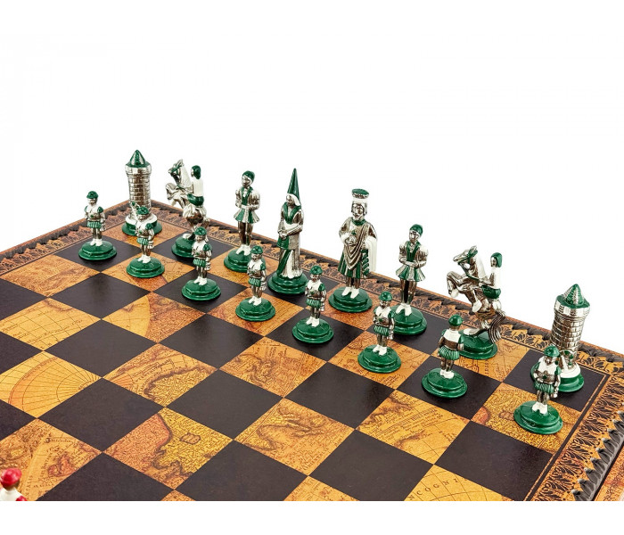 литный игровой набор 3-в-1 "Camelot Medio" 48 x 48 см тематические металлические фигуры, коричнево-черная кожаная доска, шашки и нарды. Italfama (19-50+222MAP)