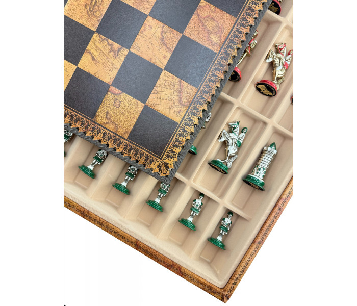 литный игровой набор 3-в-1 "Camelot Medio" 48 x 48 см тематические металлические фигуры, коричнево-черная кожаная доска, шашки и нарды. Italfama (19-50+222MAP)