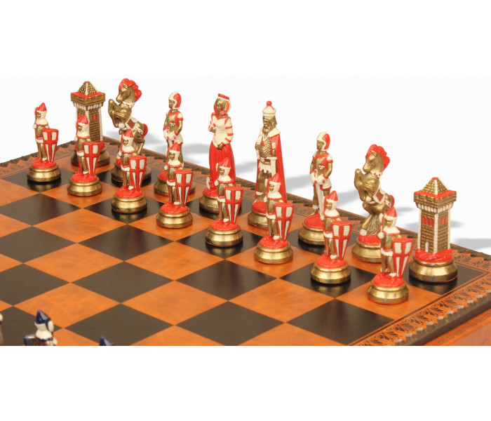 Элитный игровой набор 3-в-1 "Camelot Piccolo" 48 x 48 см тематические металлические фигуры, коричнево-черная кожаная доска, шашки и нарды. Italfama (19-51+212L)