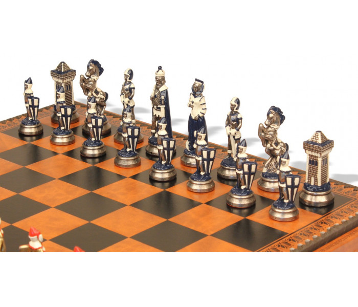 Элитный игровой набор 3-в-1 "Camelot Piccolo" 48 x 48 см тематические металлические фигуры, коричнево-черная кожаная доска, шашки и нарды. Italfama (19-51+212L)