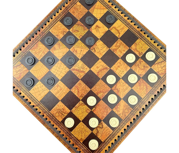 Елітний гральний набір 3-в-1 "Maria Stuarda" 48 x 48 см тематичні металеві фігури, шкіряна дошка-кейс "Глобус", шашки та нарди. Italfama (19-51+222MAP)