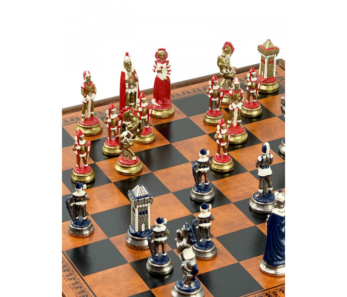 Элитный шахматный стол-ломберный "Maria Stuarda" 55x55 см с монументальными металлическими фигурами 9,4 см и деревянными шашками. Italfama (19-51+TAV217)