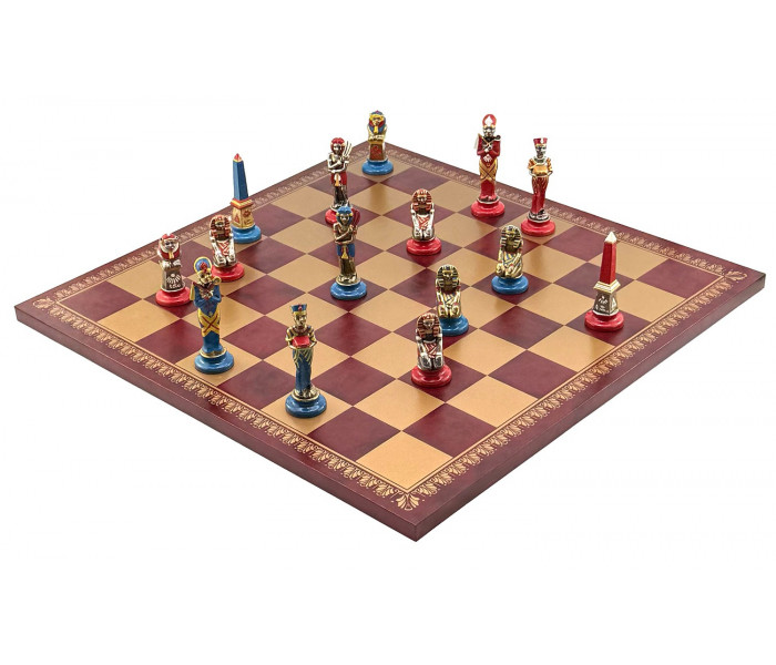 Элитный шахматный набор "Egyptian Medium Set" 45 x 45 см тематические металлические фигуры и золотисто-бордовая кожаная доска. Italfama (19-54+203GR)