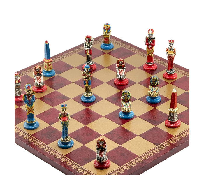 Элитный шахматный набор "Egyptian Medium Set" 45 x 45 см тематические металлические фигуры и золотисто-бордовая кожаная доска. Italfama (19-54+203GR)