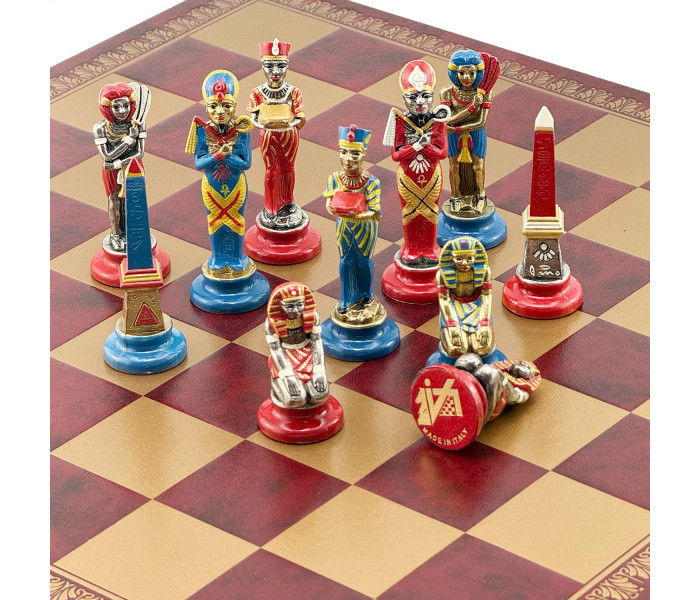 Элитный шахматный набор "Egyptian Medium Set" 45 x 45 см тематические металлические фигуры и золотисто-бордовая кожаная доска. Italfama (19-54+203GR)