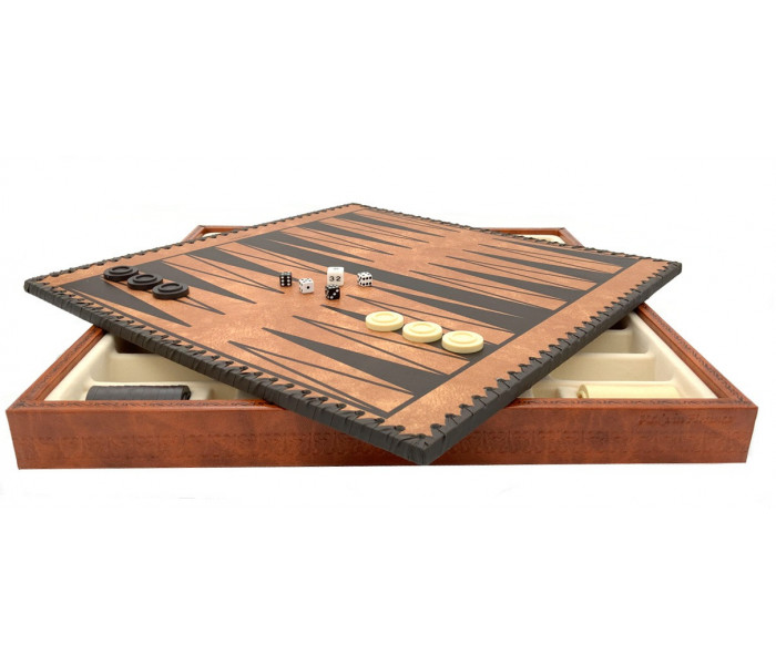 Елітний гральний набір 3-в-1 "Egyptian Medium Set" 48 x 48 см тематичні металеві фігури, коричнево-чорна шкіряна дошка, шашки та нарди. Italfama (19-54+212L)