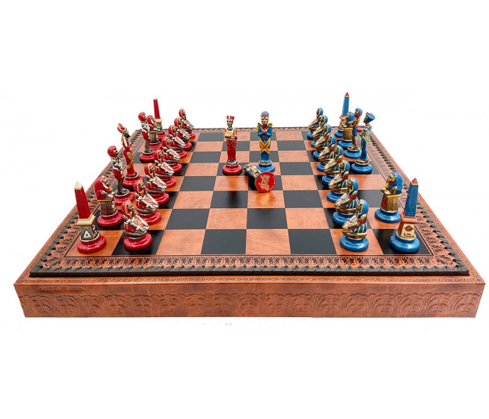 Елітний гральний набір 3-в-1 "Egyptian Medium Set" 48 x 48 см тематичні металеві фігури, коричнево-чорна шкіряна дошка, шашки та нарди. Italfama (19-54+212L)