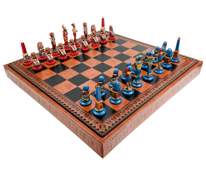 Елітний гральний набір 3-в-1 "Egyptian Medium Set" 48 x 48 см тематичні металеві фігури, коричнево-чорна шкіряна дошка, шашки та нарди. Italfama (19-54+212L)